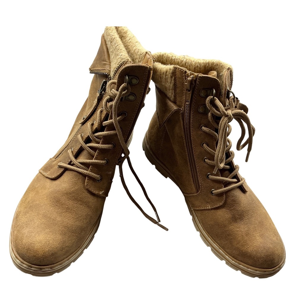 Cliffs by White Mountain Combat Ankle Boots Faux Suede Knit Collar Brown Size 8